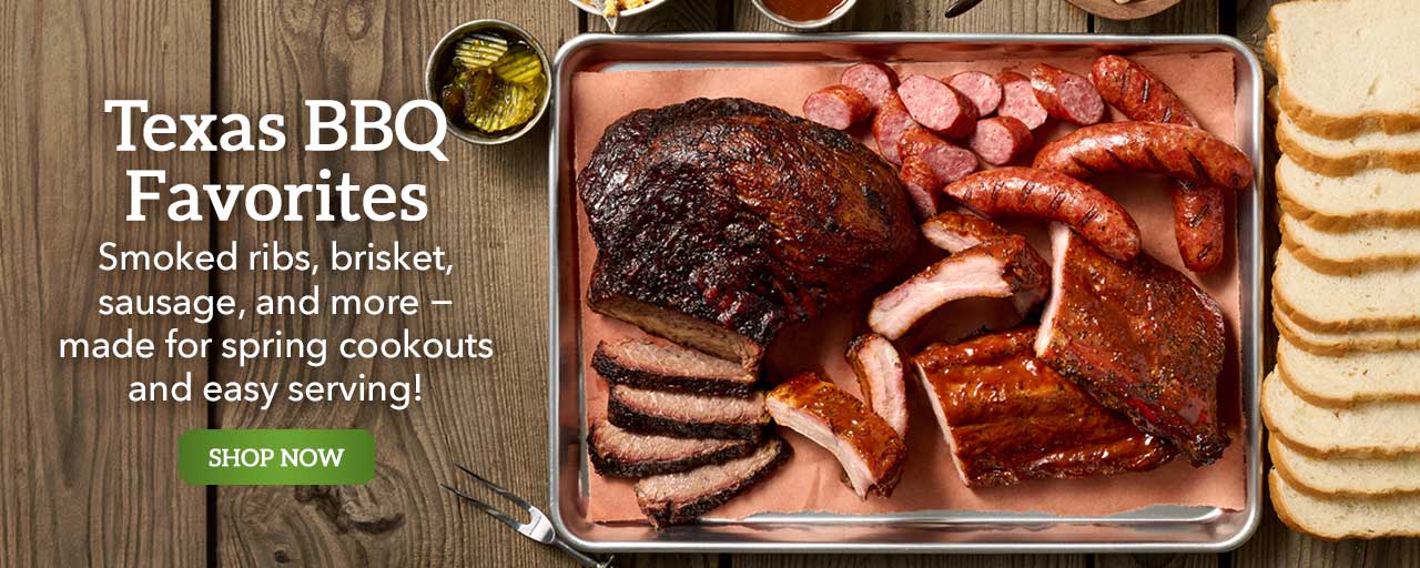 Texas BBQ Favorites - Smoked ribs, brisket, sausage, and more − made for spring cookouts and easy serving! - Shop Now
