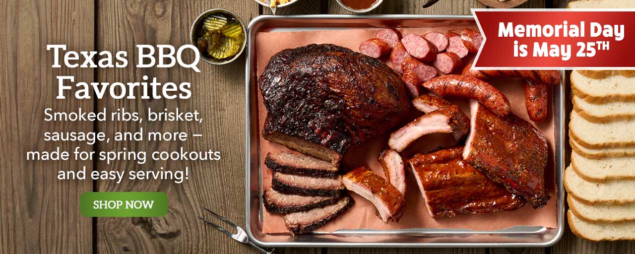 Texas BBQ Favorites - Smoked ribs, brisket, sausage, and more − made for spring cookouts and easy serving! - Shop Now