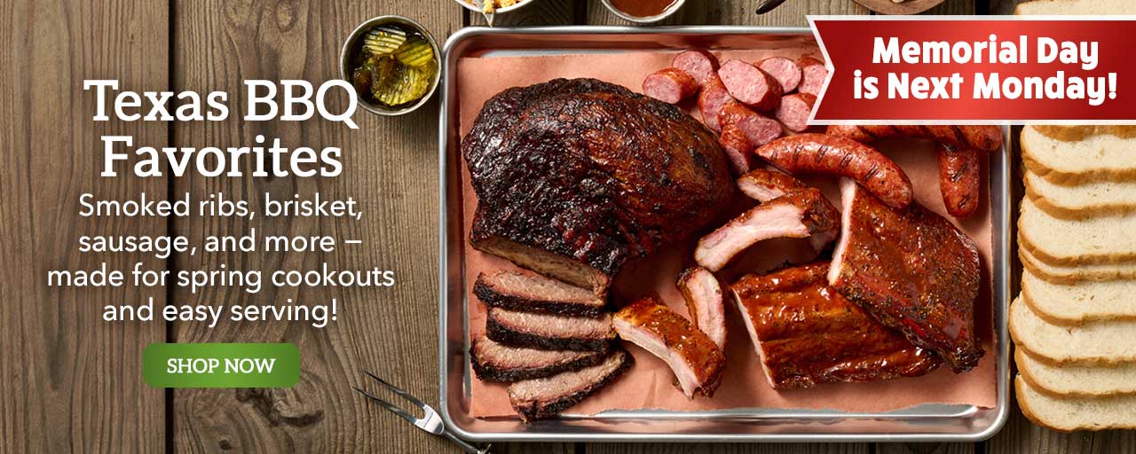 Texas BBQ Favorites - Smoked ribs, brisket, sausage, and more − made for spring cookouts and easy serving! - Shop Now